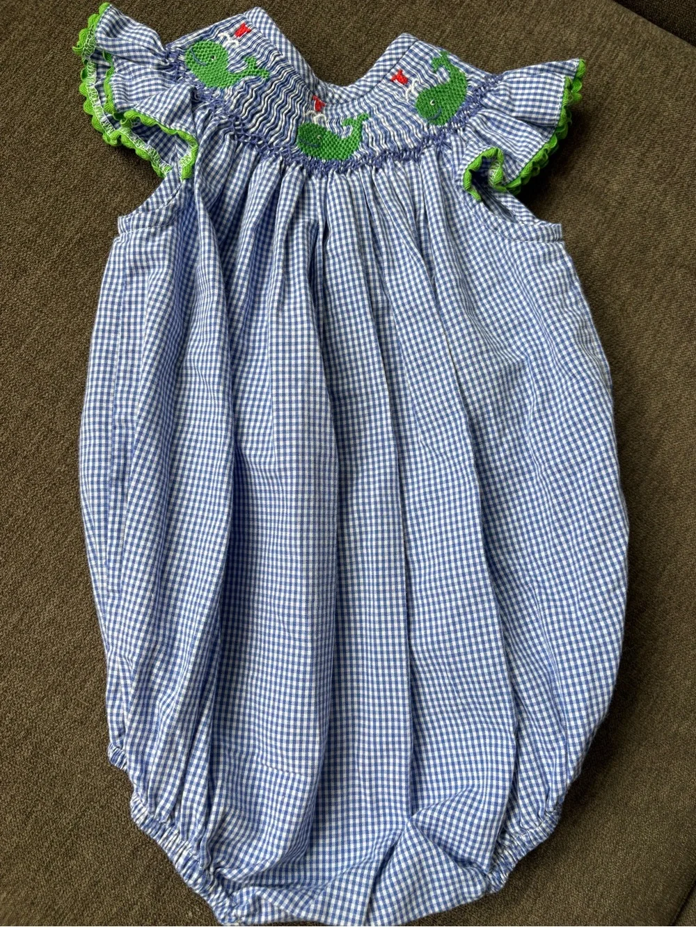 Vintage Blue Gingham Whale Smocked One-Piece